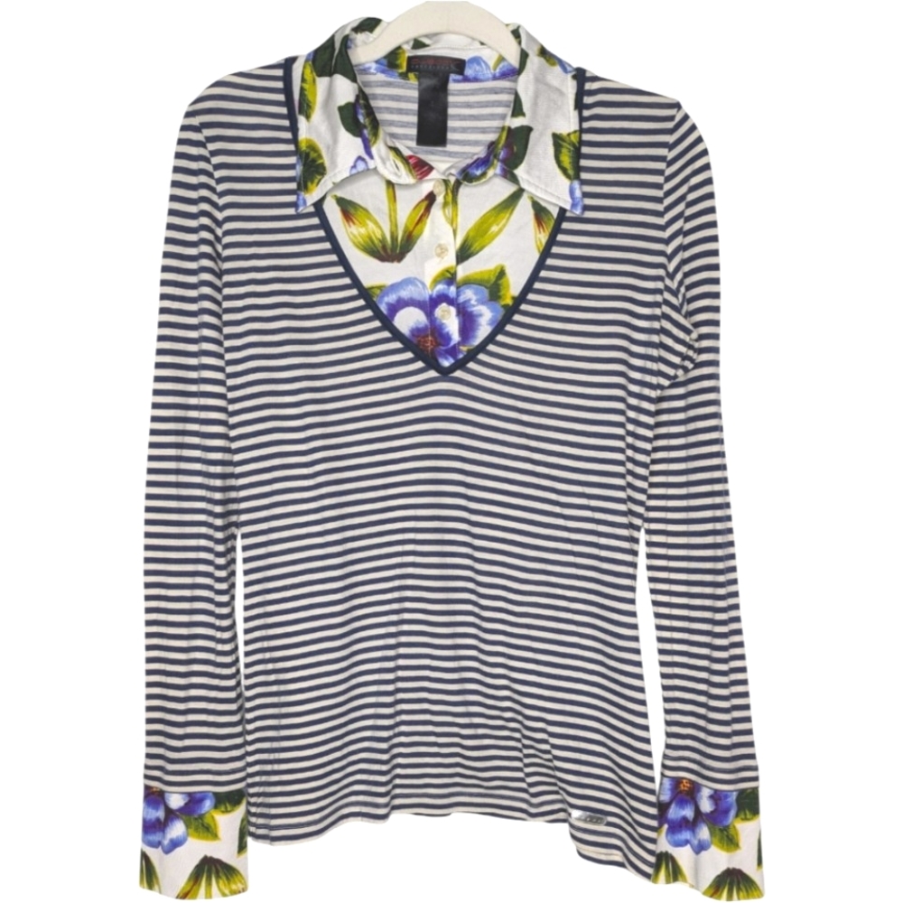 Custo Barcelona Fitted Long Sleeve Blouse Blue and White